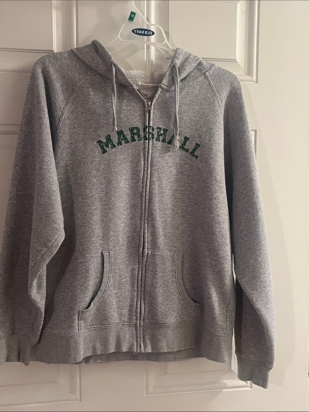 Champion Gray Zip-Up Hoodie with Green Marshall Lettering